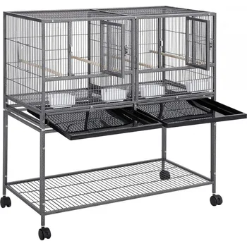 Chovná dvojitá dělitelná klec pro ptáky a papoušky s čistícími plechy. Dvojitá, dělitelná s roztečí mříží 1cm, 96x46x105cm.