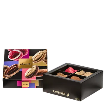 Čokoláda Bonboniéra s TOP výběrem gurmánských dražé v mléčné, bílé a zlaté čokoládě s ovocem a ořechy Raffinée 4 chocoMe