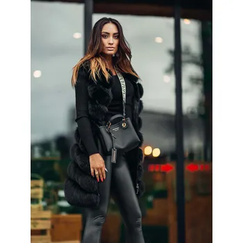 Dámská vesta Luxusní dlouhá pruhovaná vesta z pravé lišky černá, VELIKOST M