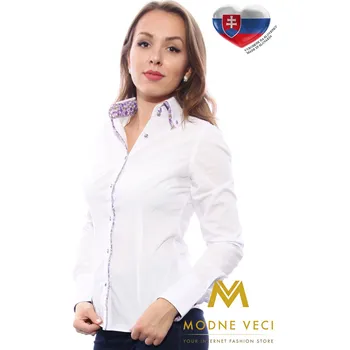 Dámská košile Bílá dámská košile s květinovým límcem Slim-Fit VS-DK1611, VELIKOST L