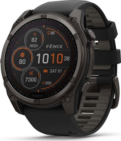 Garmin fenix 8 – 51 mm, Solar, Sapphire, Carbon grey DLC titanium s Black/Grey silikonovým řemínkem.