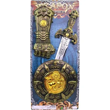 Dětská zbraň Meč dětský rytířský zdobený set se štítem a rukavicí plast na kartě