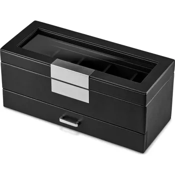 Šperkovnice Černá šperkovnice na hodinky se zásuvkou na šperky a 5 přihrádkami z umělé kůže - Trendhim