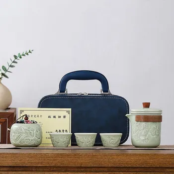 Čajovna Přenosná cestovní čajová souprava drak a fénix - Světle zelená 1+3+1