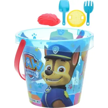 Hračka na písek Pískový set Tlapková Patrola kyblík transparentní se sítkem a 2 nástroji