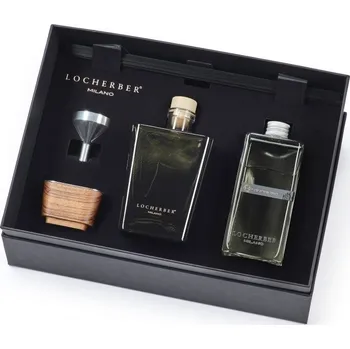 Aroma difuzér Locherber Milano Dárková sada s vůní GRIGIO MILANO - flakon aroma difuzéru + náplň 500 ml + tyčinky + trychtýřek + víčko z ořechového dřeva LH441518