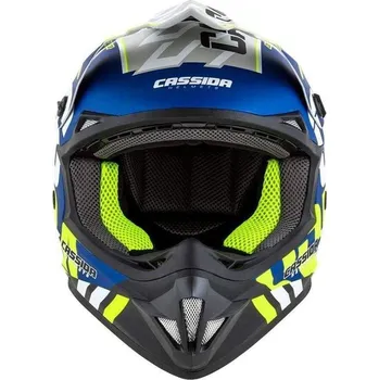 Helma na motorku Cassida Cross Cup Sonic modrá matná žlutá fluo krossová helma XL