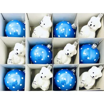 Vánoční ozdoba Irisa Luxusní vánoční set ozdob – Polární medvídek a koule s puntíky ( sada 12 ks, 7 cm ) Velikost: 7 cm, Balení: 12ks, Barva: bílá;modrá