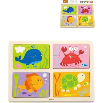 Dřevěná hračka Viga DŘEVO Puzzle na desce 4v1 mořská zvířátka baby skládačka 16 dílků