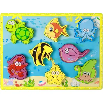 Dřevěná hračka DŘEVO Vkládačka baby 3D puzzle vkládací na desce podmořský svět 8 dílků