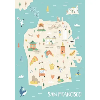 Plakát Plakát, Obraz - San Francisco illustrated map with landmarks, undefined undefined