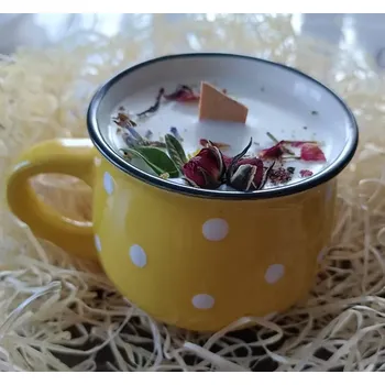 Svíčka Sójová svíčka s dřevěným knotem, keramický hrníček 200ml, žlutý, Bergamot