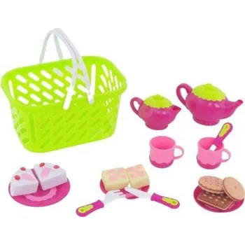 Dětská kuchyňka Nádobí dětské čajový servis set s maketami potravin v nákupním košíku plast