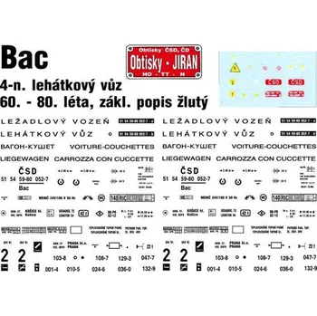 Modelová železnice obtisk na 4-osý lehátkový vůz Bac 60. - 80. léta Obtisky Jiran t0229