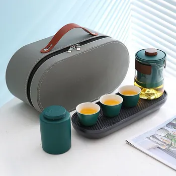 Konvice na čaj Cestovní čajová souprava písek s výhledem na hory - Tmavě zelená 1+3+1