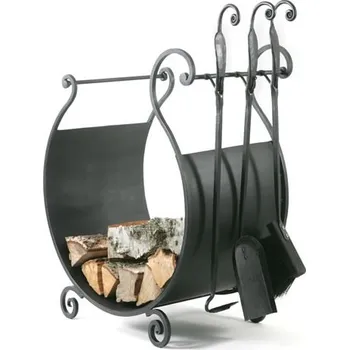 Kovaný koš na dřevo s krbovým nářadím C16