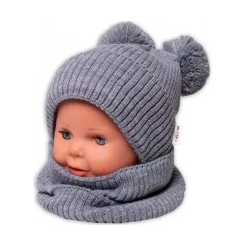 Dětská móda Zimní pletená čepice + nákrčník - šedá s bambulkami; 92/98 (18-36m)