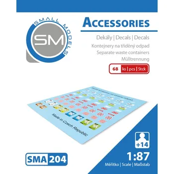 Modelová železnice sada obtisků na kontejnery na tříděný odpad 68ks sma 204