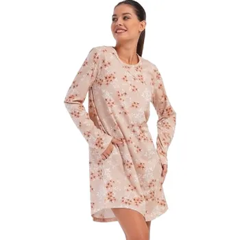 Dámská noční košile Béžová a hnědě i bíle květinová noční košilka s dlouhými rukávy pro ženy 1C3881 béžová m