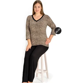 Dámské pyžamo Hnědé béžové a černé jemné luxusní pyžamo pro ženy či dívky vzor jaguár 1D1471 černá 5xl