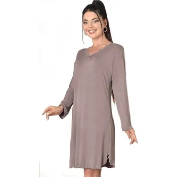 Dámská noční košile Šedohnědá luxusní jemná noční košilka s dlouhými rukávy hnědá XXL