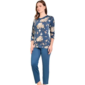 Dámské noční prádlo Modré i béžové jemné luxusní pyžamo pro ženy či dívky s květinami 1D1460 modrá l