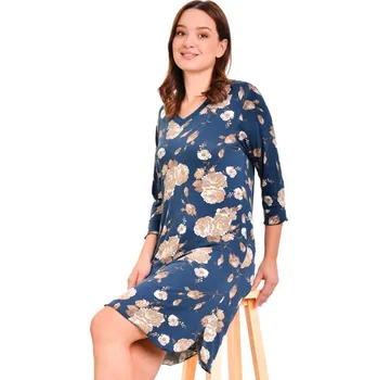 Dámská noční košile Modrá a béžově květovaná luxusní jemná noční košilka pro ženy s 3/4 rukávy 1D1475 modrá m