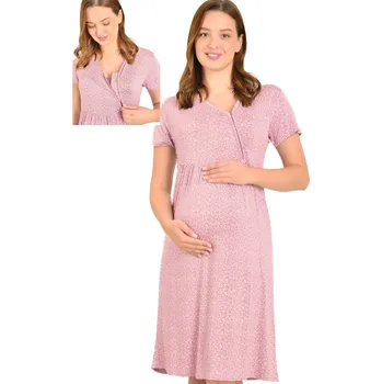 Dámská noční košile Šedá jemně růžově květovaná luxusní jemná těhotenská i kojící košilka na zip 1D1498 růžová m