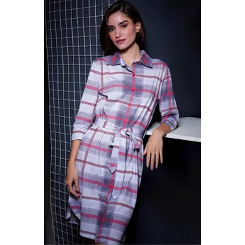 Dámské oblečení Šedá a červeně károvaná elegantní celopropínací noční košile s límečkem 1C3875 červená s