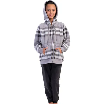 Dámské pyžamo Extra teplé šedé kárované pyžamo s kapucí na zip pro holky i kluky UNI 1T0465 šedá 158-164-13-14-let