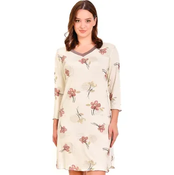 Dámské noční prádlo Béžová a hnědě květovaná luxusní jemná noční košilka pro ženy s 3/4 rukávy 1D1485 béžová xl