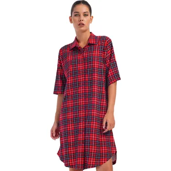 Dámská noční košile Červená a modře károvaná celopropínací noční košile s límečkem pro ženy 1C3880 červená m