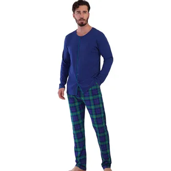 Pánské pyžamo Modré a zeleně kárované celopopínací pyžamo pro muže z pružné bavlny 1P1873 modrá m