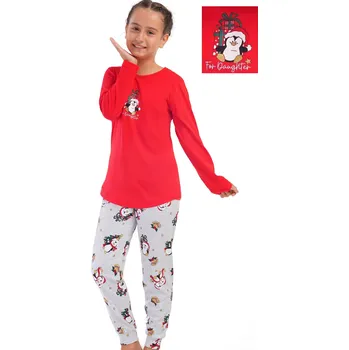 Dívčí pyžamo Červené VÁNOČNÍ pyžamo pro holky s tučňákem stromečkem a dárky 1F0961 červená 134-140-9-10-let