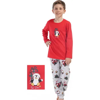 Chlapecké pyžamo Červené i šedá a barevné VÁNOČNÍ pyžamo pro kluky s tučňákem stromečkem a dárky 1F0958 červená 134-140-9-10-let