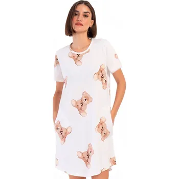 Dámská noční košile Bílá noční košilka s krátkými rukávy pro ženy či dívky a hnědí plyšový medvídci 1C3885 bílá l