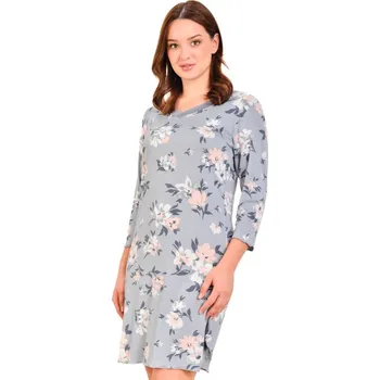 Dámská noční košile Modrošedá, modře, růžově a bíle květovaná luxusní jemná noční košilka pro ženy s 3/4 rukávy 1D1484 modrá l