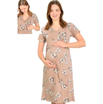 Dámská noční košile Hnědá a šedě květovaná luxusní jemná těhotenská i kojící košilka na zip 1D1495 hnědá m