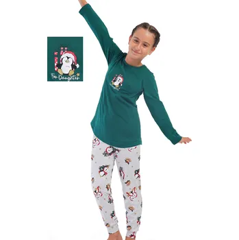 Dívčí pyžamo Zelené i šedá a barevné VÁNOČNÍ pyžamo pro holky s tučňákem stromečkem a dárky 1F0962 zelená 134-140-9-10-let