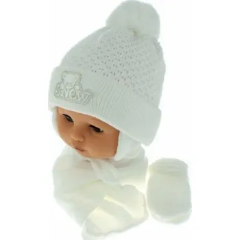Čepice Čepice dětská pletená se šálou a rukavičkami - SNOW bílá s výšivkou - vel.6-18měs.