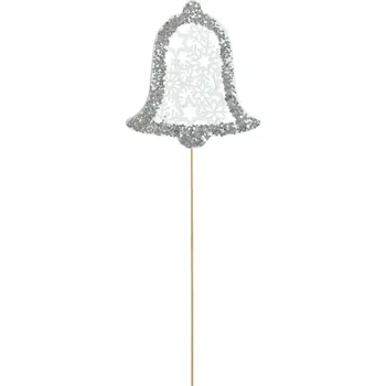 Vánoční dekorace Zápich zvonek dřevo bílá s glitrem 7,5cm/35cm