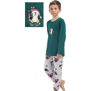 Dámské noční prádlo Zelené i šedá a barevné VÁNOČNÍ pyžamo pro kluky s tučňákem stromečkem a dárky 170-176-15-16-let