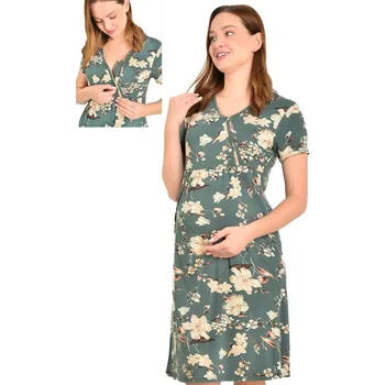 Dámské noční prádlo Zelenošedá a žlutě květovaná luxusní jemná těhotenská i kojící košilka na zip 1D1493 zelená xxl