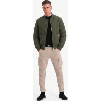 Pánská prošívaná bunda bomber s kovovými zipy - tmavě olivově zelená V3 OM-JALP-0143 - XXL