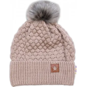 Módní doplněk Zimní čepice Star s chlupáčkovou bambulkou - béžová, Velikost koj. oblečení 98-104 (2-4r)
