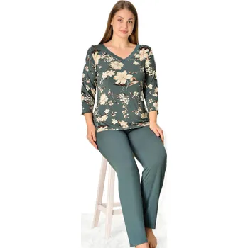 Dámské pyžamo Zelené i béžové jemné luxusní pyžamo pro ženy či dívky s kytičkami 2XL-5XL 1D1465 zelená 2xl