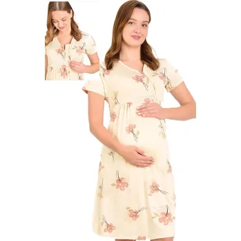 Dámská noční košile Béžová a hnědě květovaná luxusní jemná těhotenská i kojící košilka na zip 1D1494 béžová m