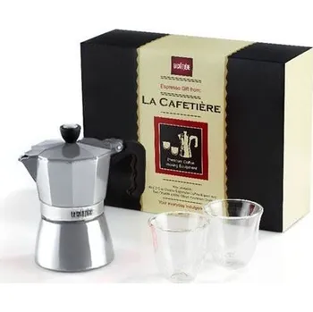 Příprava kávy Dárková sada La Cafetière Classic Espresso - moka konvice na 3 šálky + 2 dvoustěnné sklenice na espresso, stříbrná