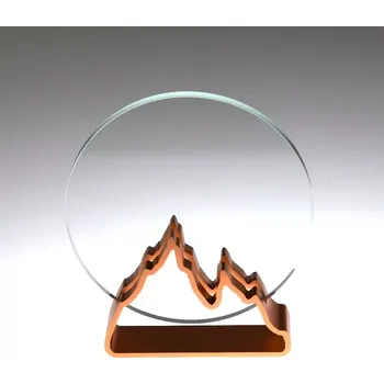 Plaketa kulatá v kovovém stojánku-hory bronzové (Skleněná plaketa - 160x180 mm)