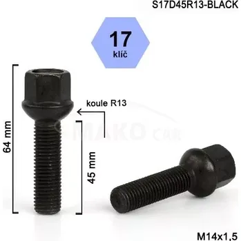 Šroubek na kolo Kolový šroub M14x1,5x45mm, dosedací plocha koule R13, klíč 17, barva černá (Šroub na kola)
